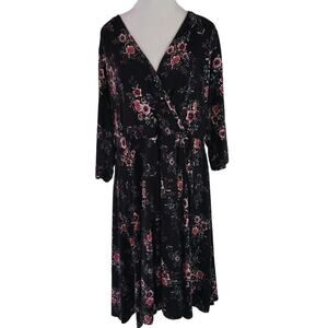 Torrid Size‎ 2 Midi Jersey Faux Wrap Dress Black Pink Floral Flattering Casual